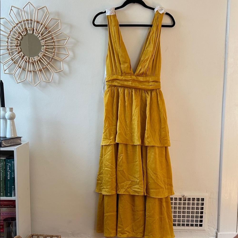 Lulu's Gold Plunge Neck Tiered Sundress